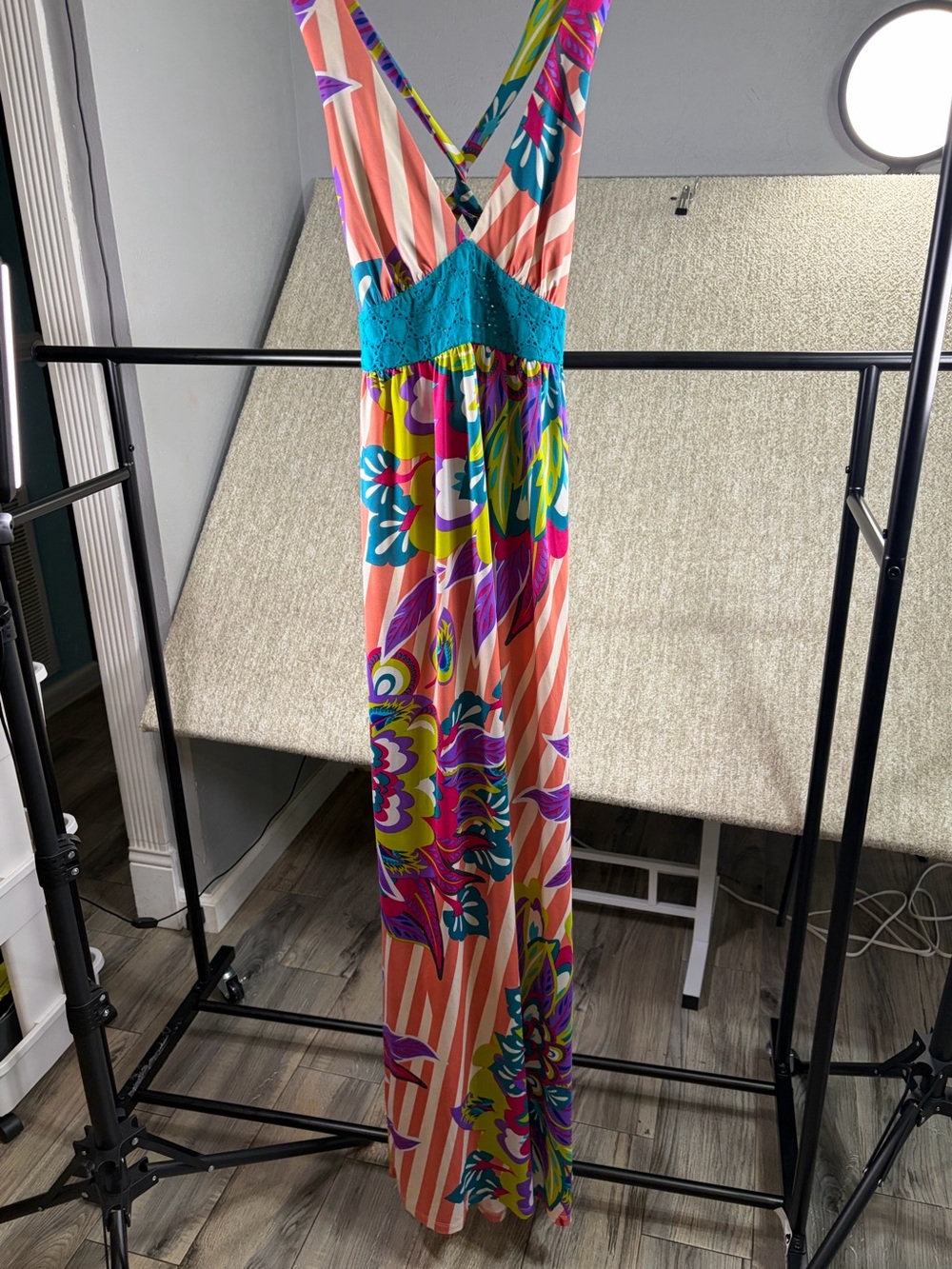 Flying Tomato Multicolor Floral Stripe Maxi Dress with Turquoise Waist